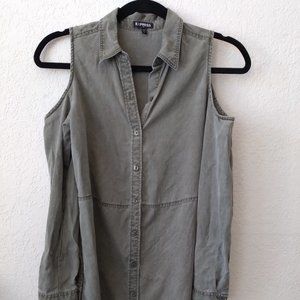 Olive green Express mini-shirt dress with cutout shoulders